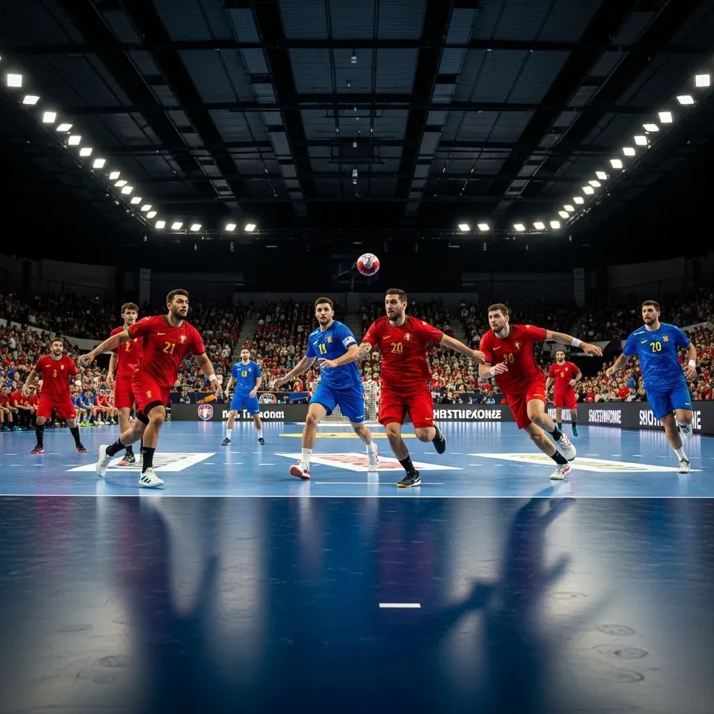 Portuguese handball players in red on a fast-break against blue-clad opponents in a packed indoor arena