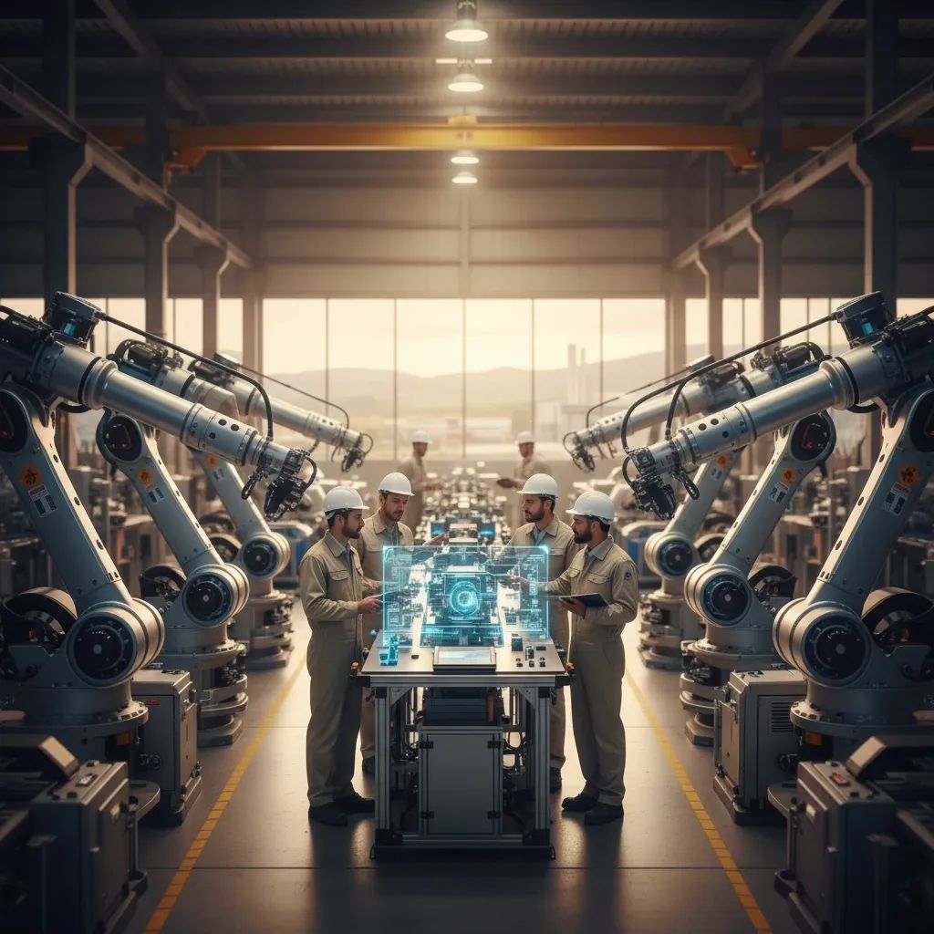Modern factory workers collaborating with AI-integrated robotic machinery and digital displays