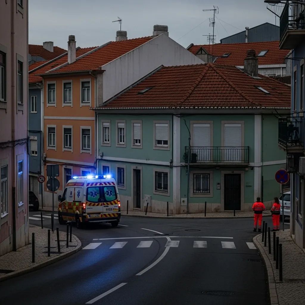 Ambulance arriving on a suburban street in Seixal during an emergency response
