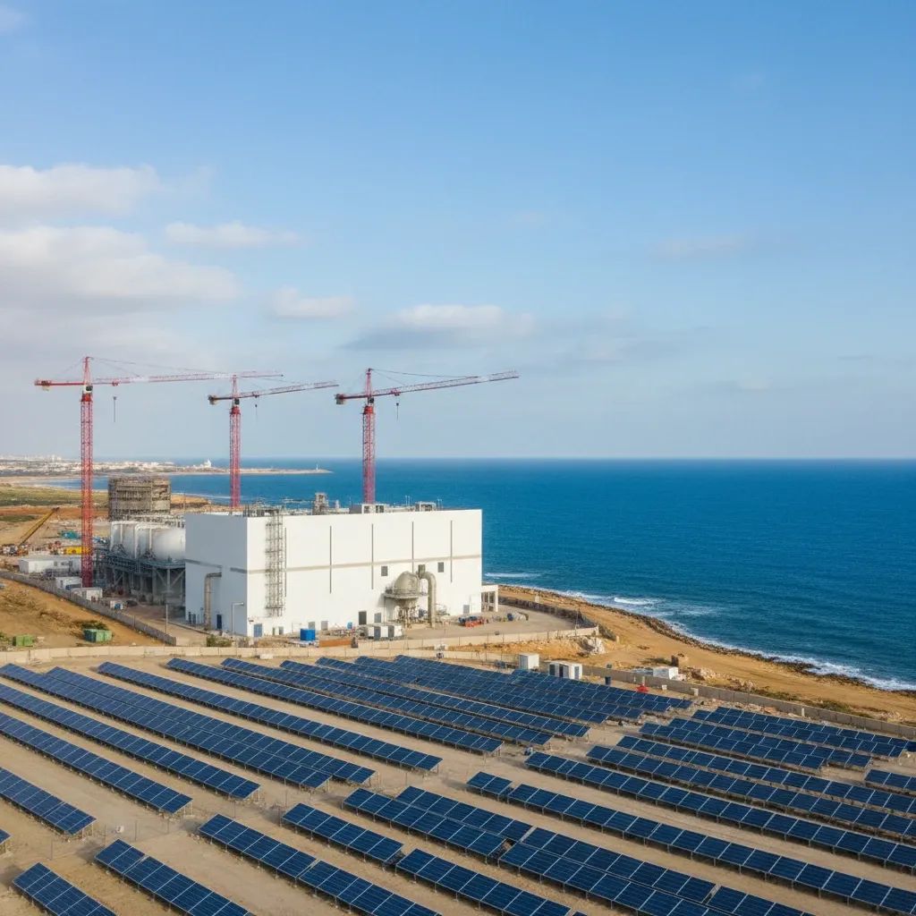 Solar farm and desalination plant rising on a Mediterranean coast, illustrating €5 billion rebuild work open to Portuguese companies