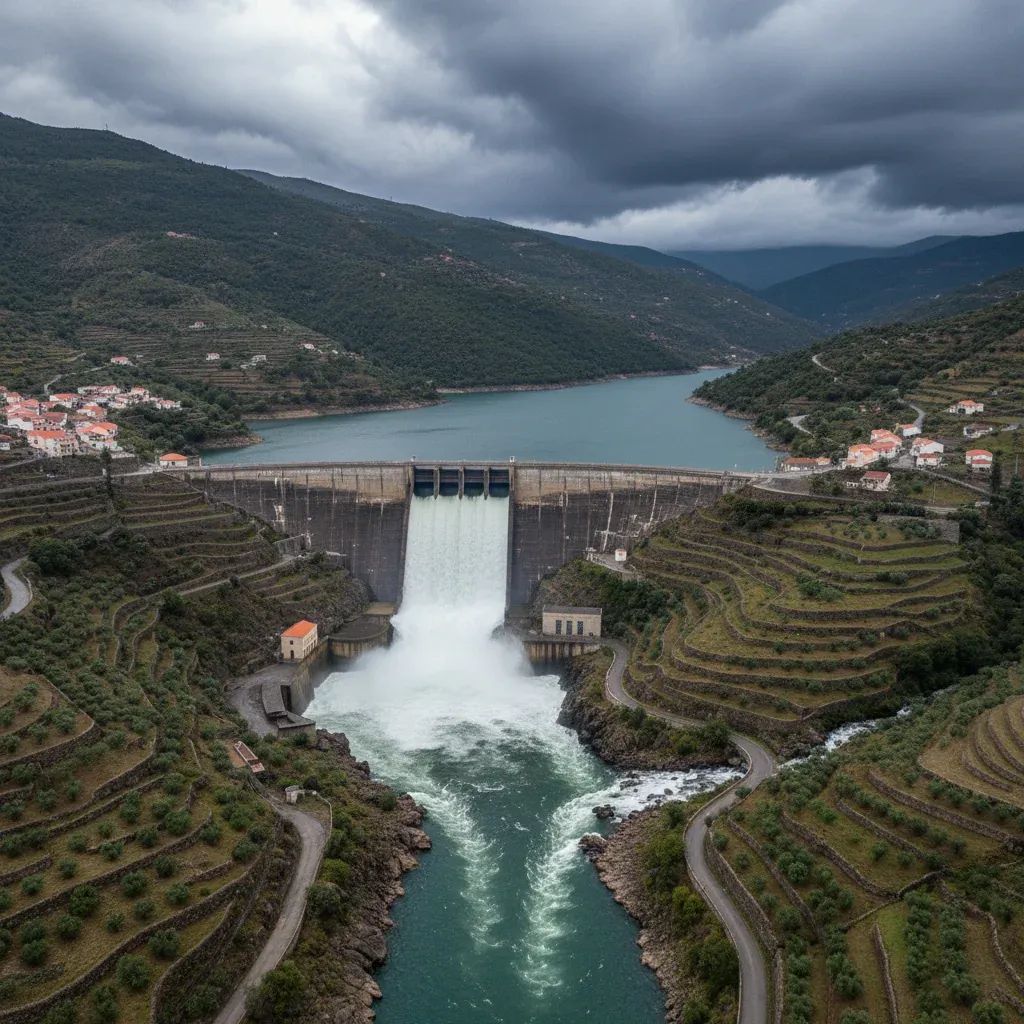 Aerial view of Portuguese dam with water discharge during emergency flood management operations