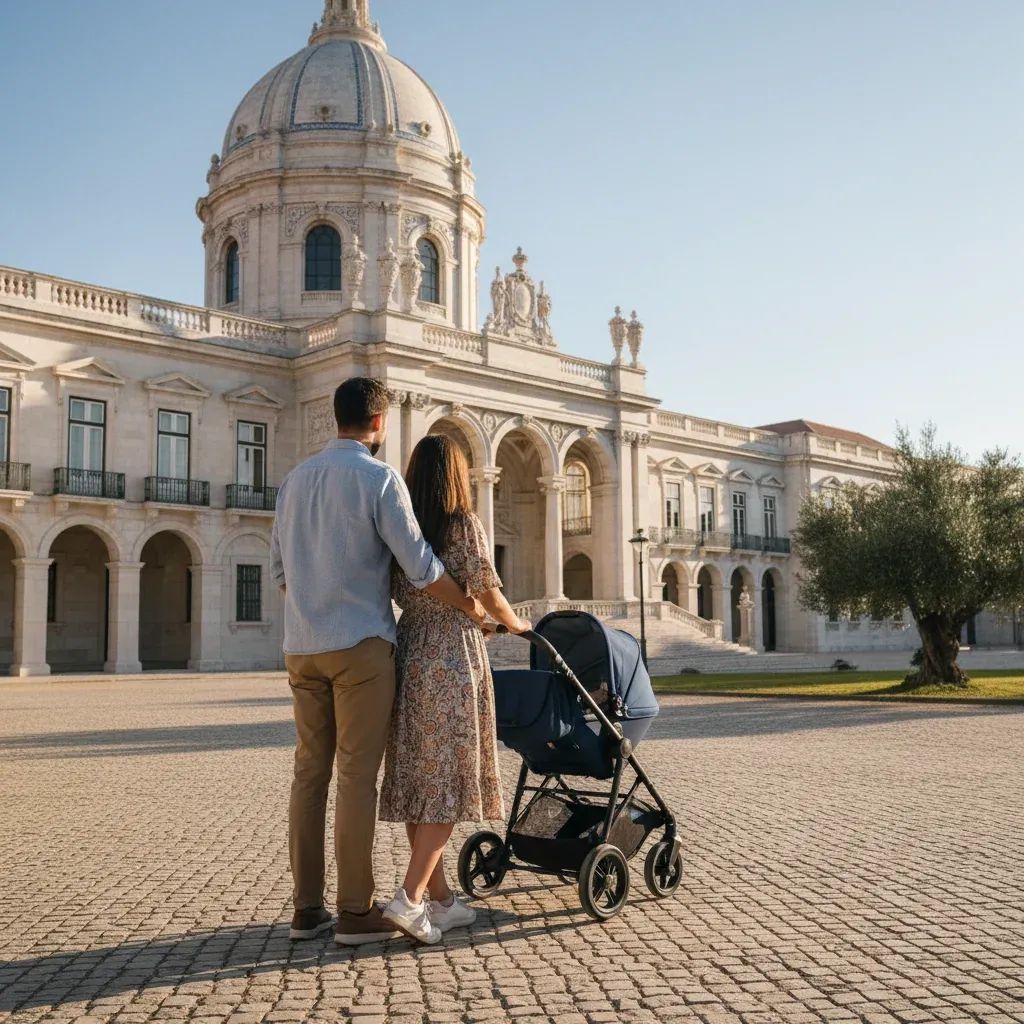 Young parents with stroller outside Portuguese parliament-style building, illustrating proposed 6-month paid leave reform