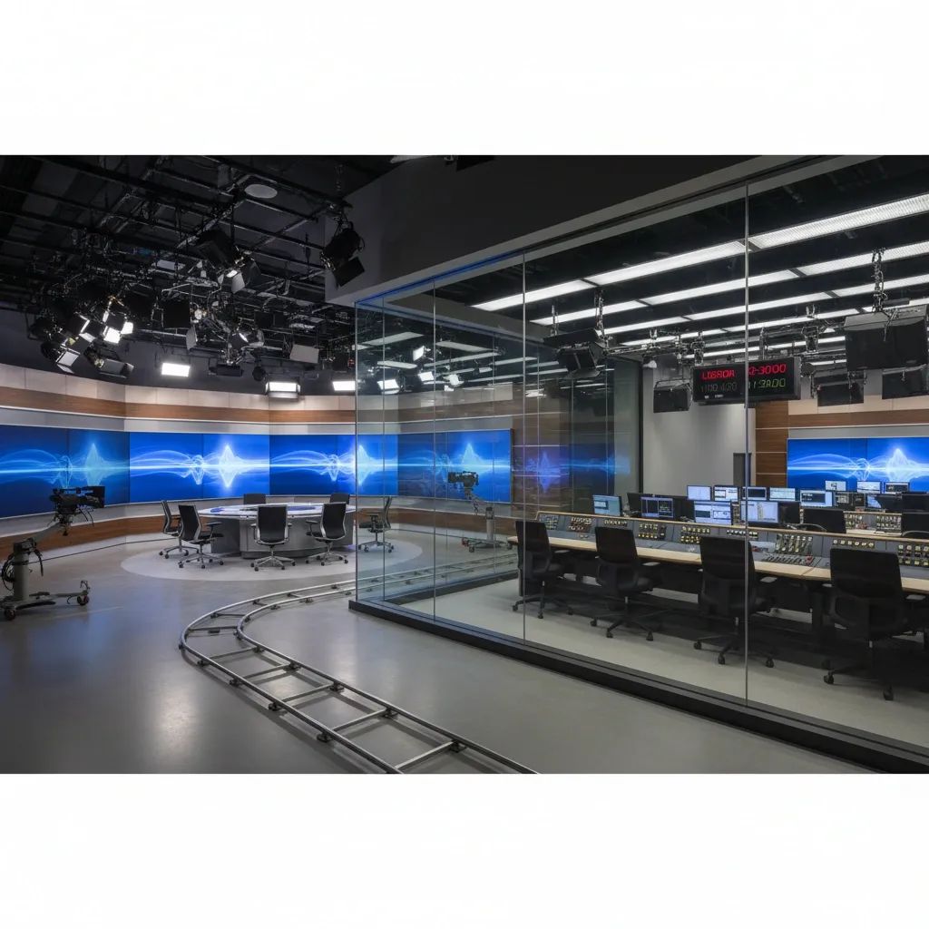 Modern television broadcasting studio with professional equipment and control panels