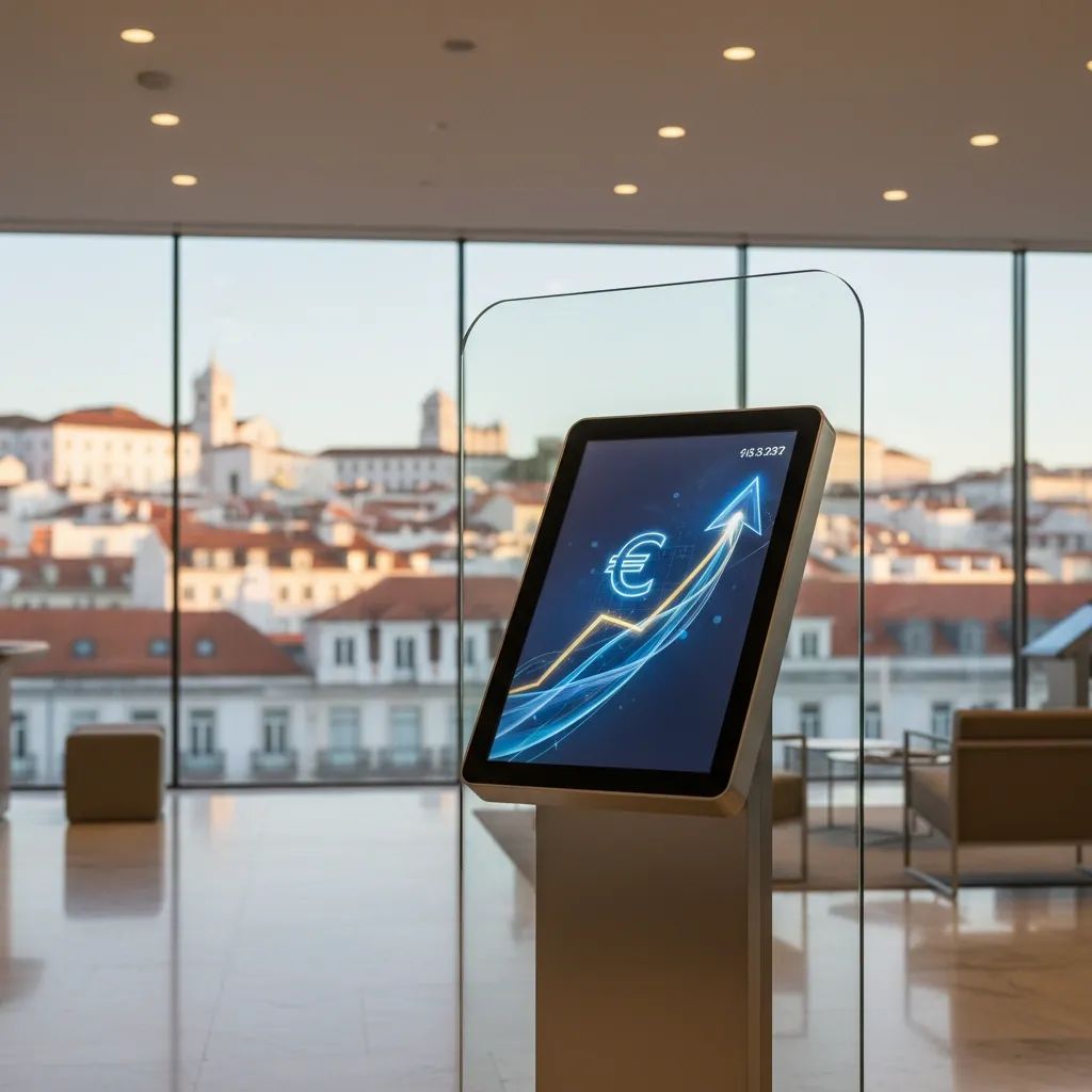 Modern bank branch interior with a digital screen showing a rising euro graph