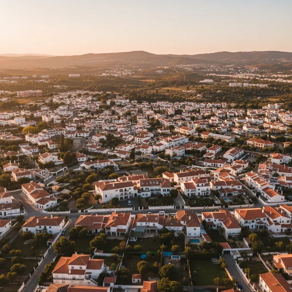 Aerial view of suburban Portuguese neighborhood with terracotta-roofed houses