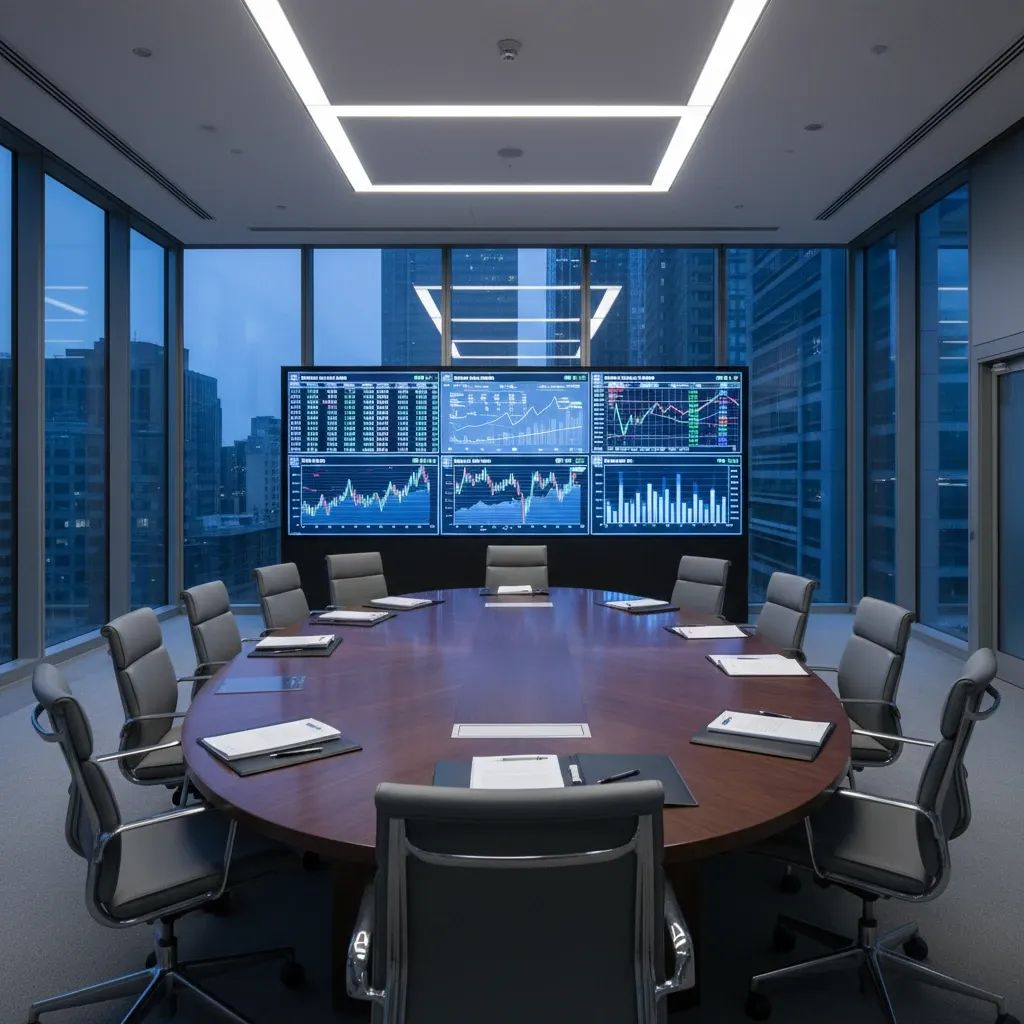Modern central bank boardroom with financial charts and decision-making setting representing Fed leadership transition