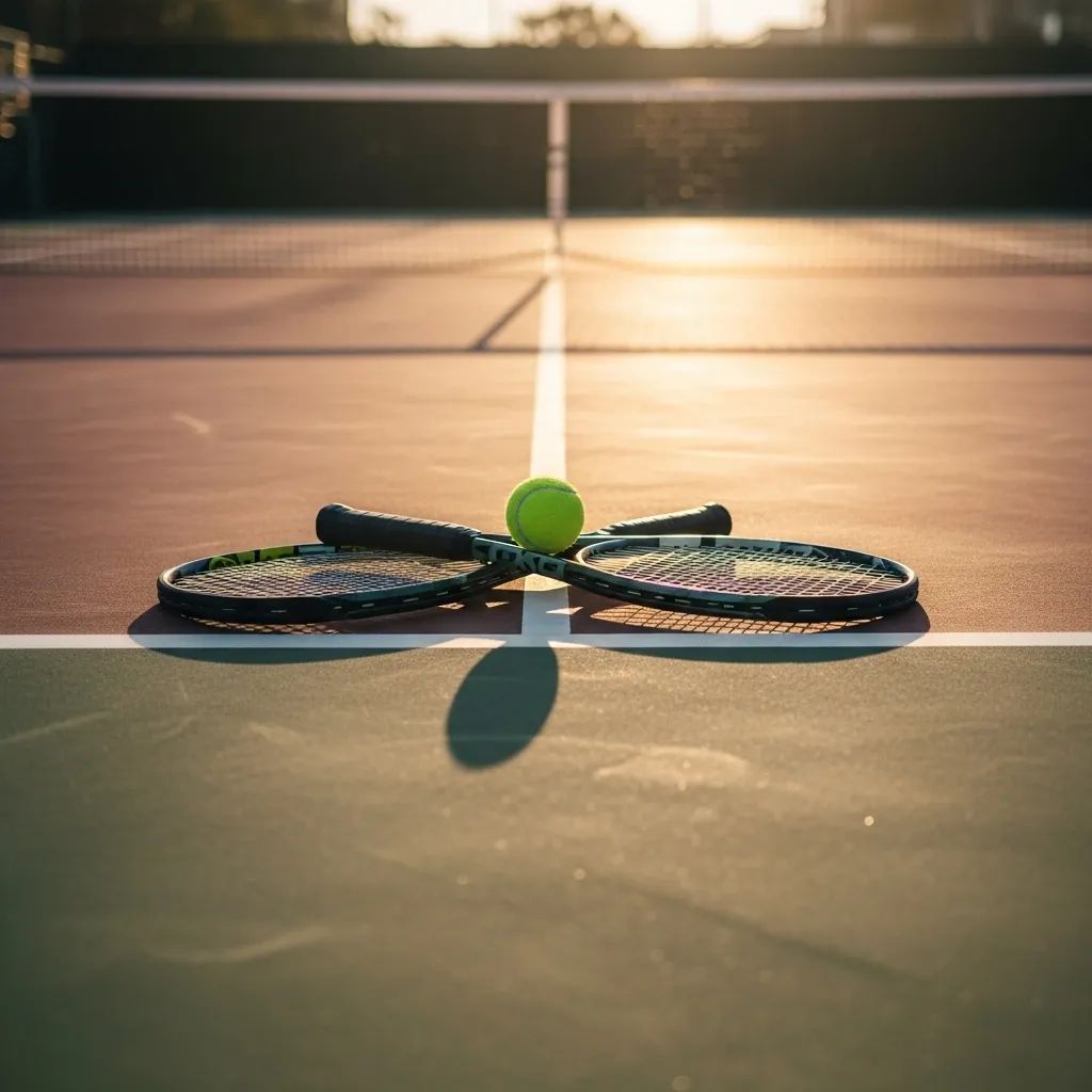 Two tennis rackets crossed over a tennis ball on a hard court with subtle Portuguese color accents