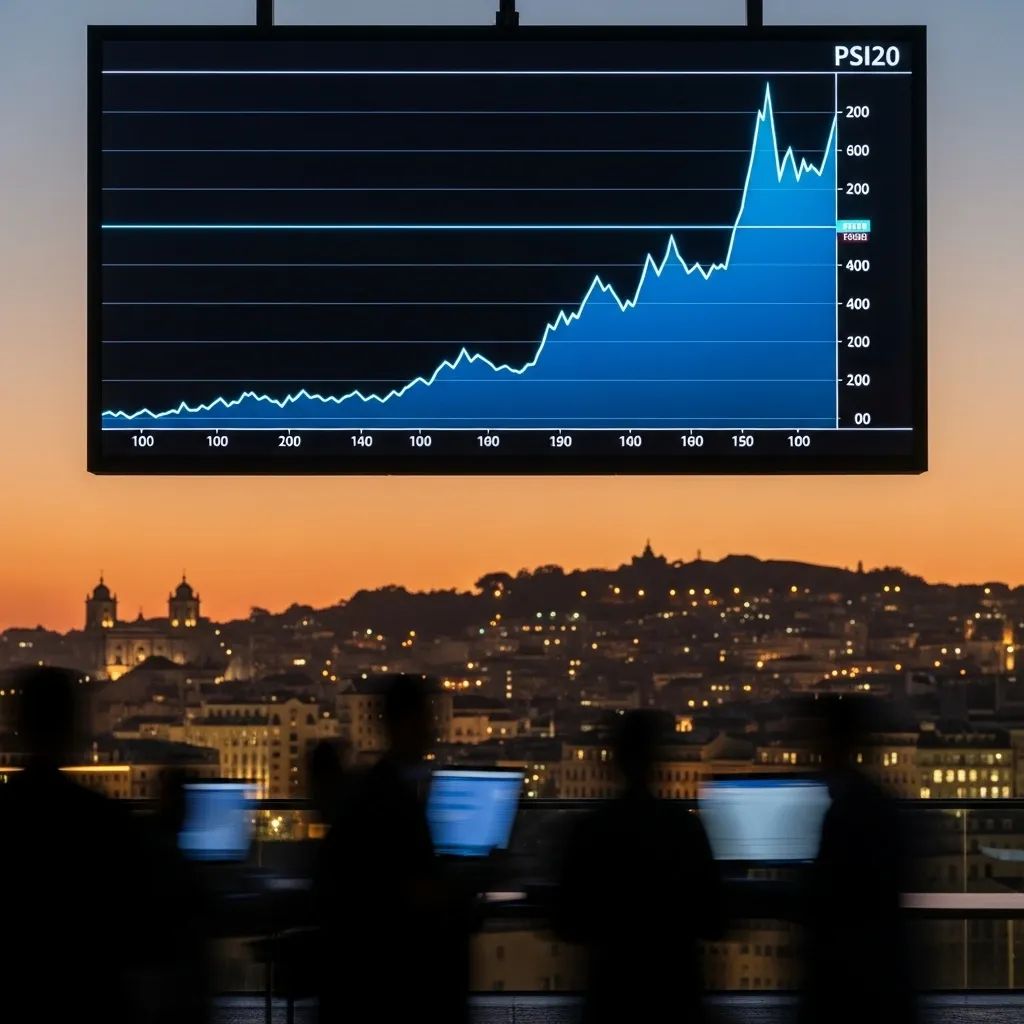 Electronic stock market board showing a rising PSI20 chart with Lisbon skyline silhouette