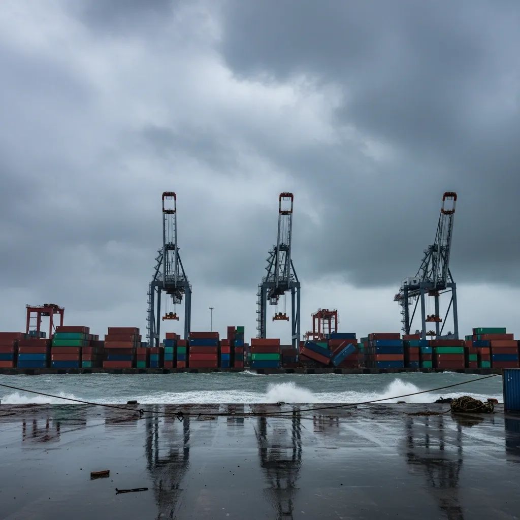 Lisbon container port with idle cranes and stacked cargo under stormy skies
