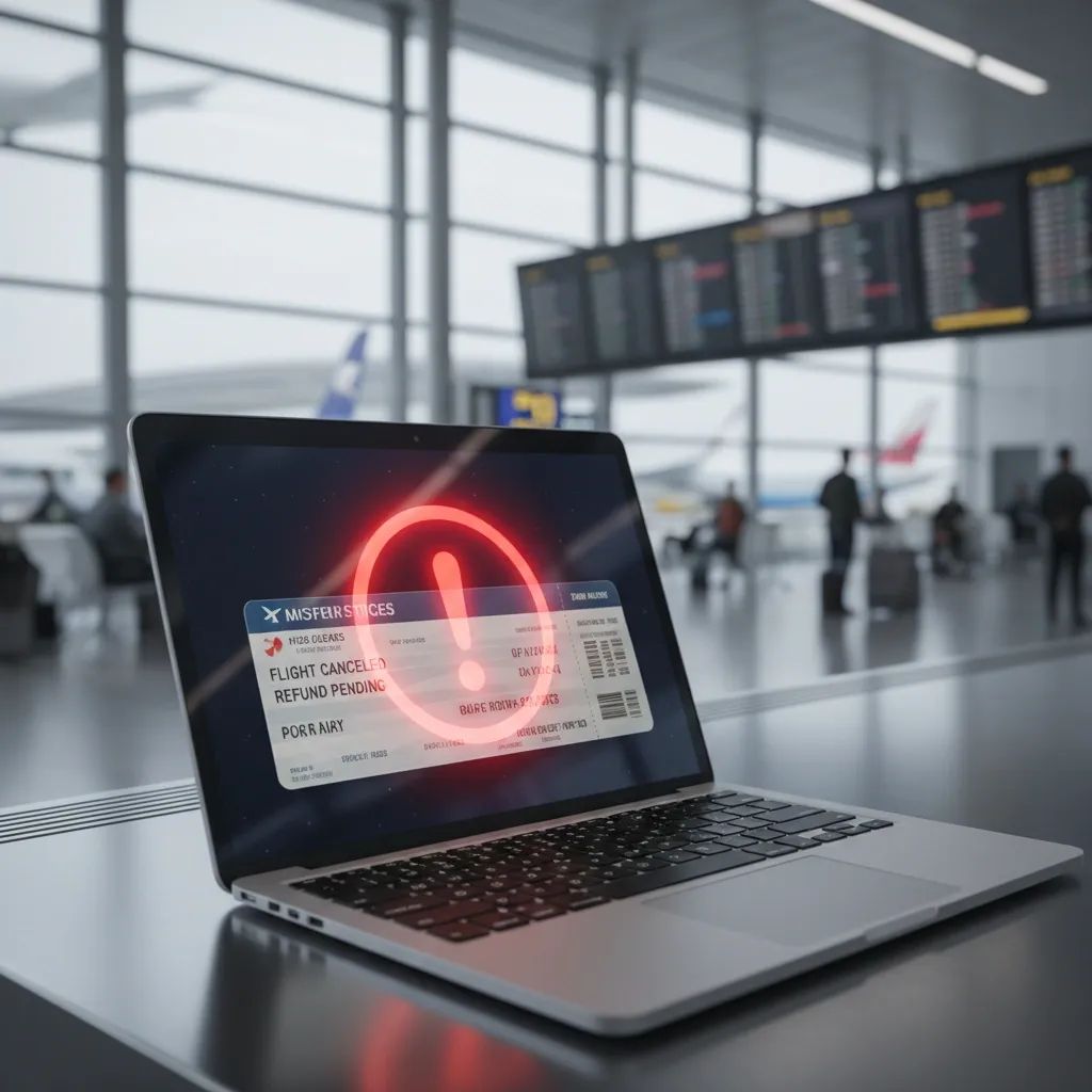 Airline ticket displayed on computer screen with alert indicator showing unexpected price increase