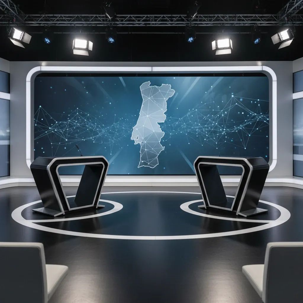 Empty TV studio with two lecterns and Portugal map backdrop for presidential debate