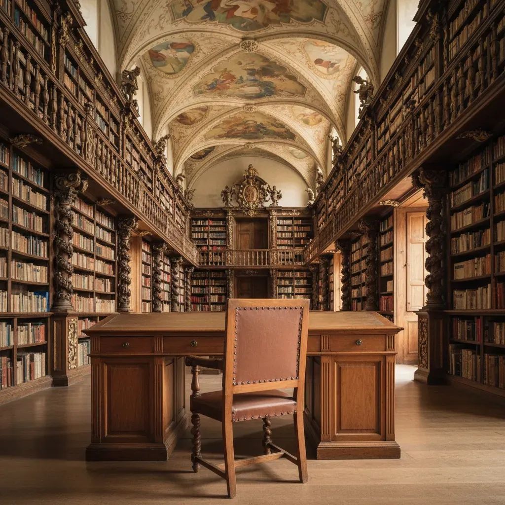 Empty study chair in Coimbra university library surrounded by tall bookshelves, highlighting loss of renowned scholar