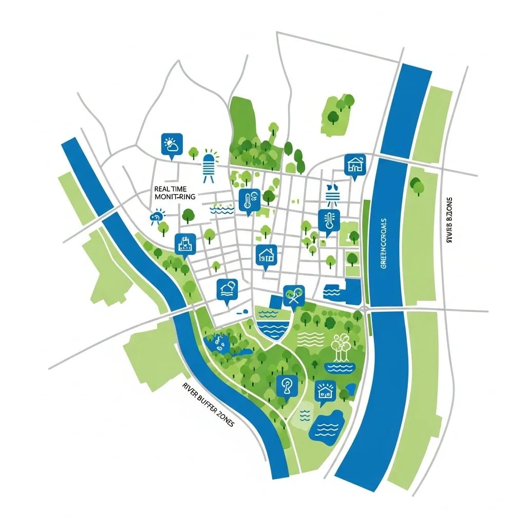 Infographic map highlighting green corridors, river buffers, and data icons for climate adaptation in a Portuguese city