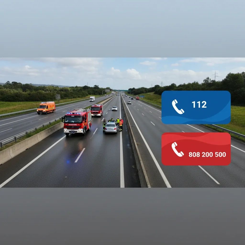 Emergency scene on Portugal A8 motorway with professional photography and support resource information overlay