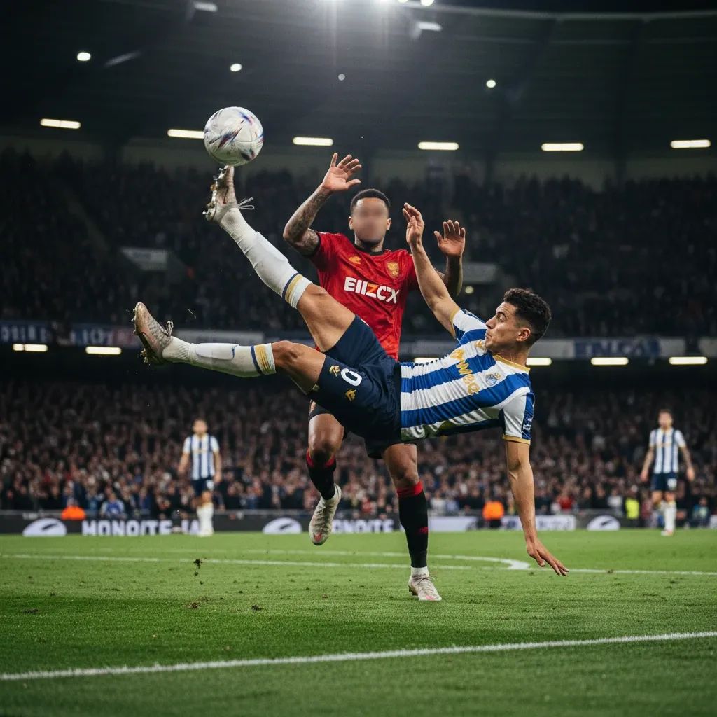 Young footballer performing a spectacular bicycle kick goal during a professional football match in stadium