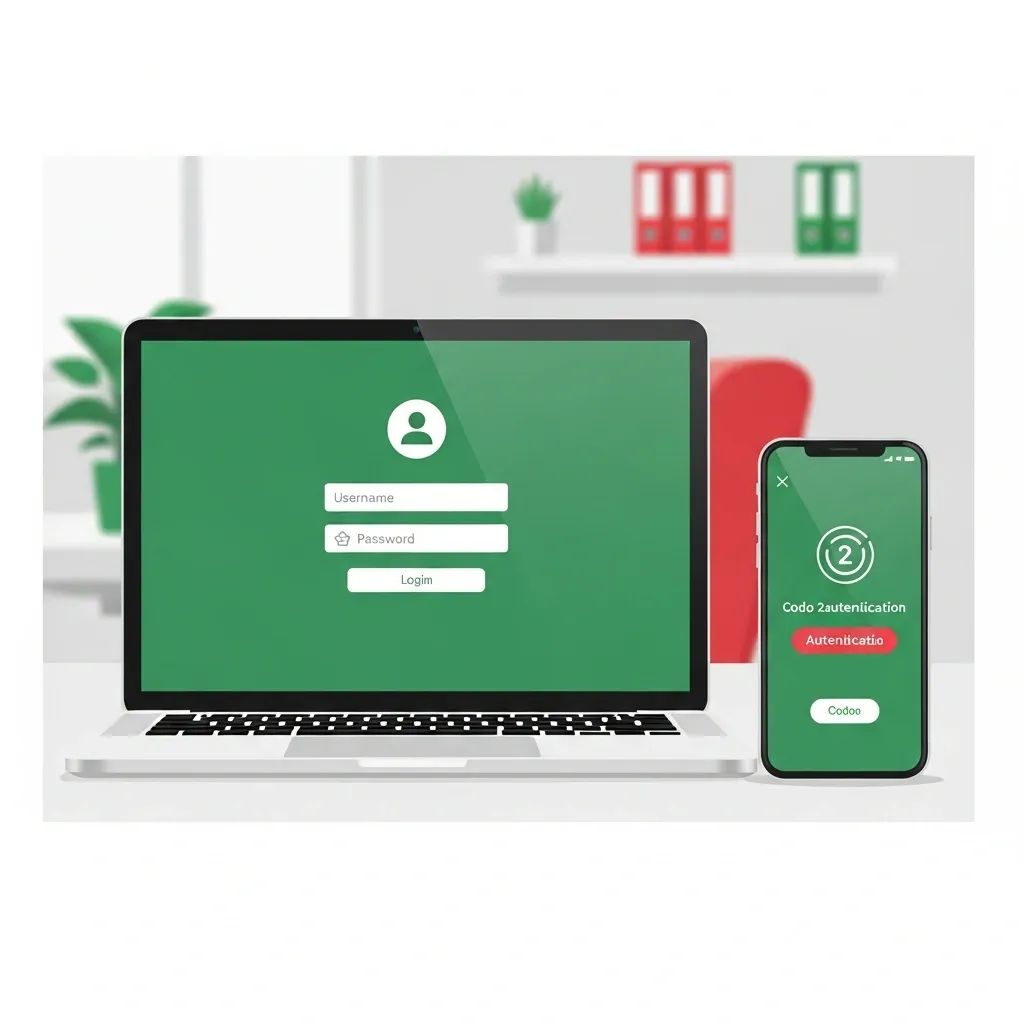 Laptop and smartphone displaying two-factor authentication login interface in office