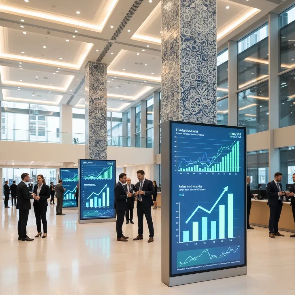 Modern bank interior with financial charts and upward trending graphs on digital displays