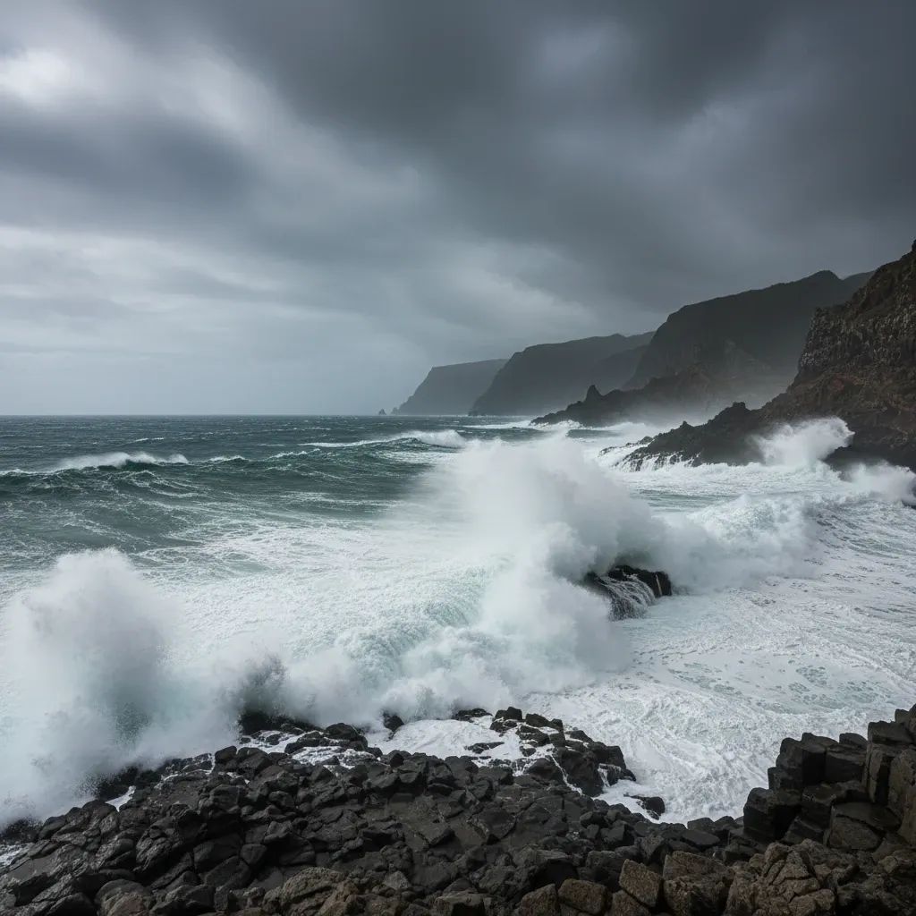 Dramatic Atlantic waves crashing against rocky Madeira coastline during stormy conditions with gray skies