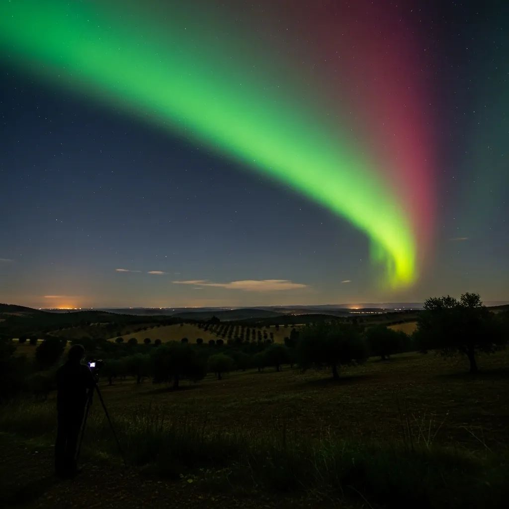 Green and pink aurora borealis over a rural Portuguese landscape with silhouetted stargazer