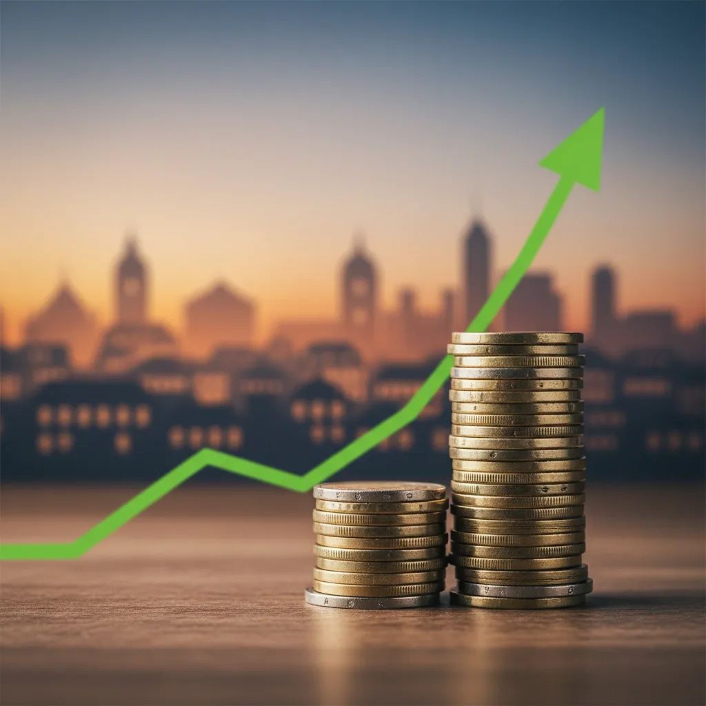 Euro coins with rising arrow graphic and Portuguese skyline illustrating budget surplus and tax cut prospects