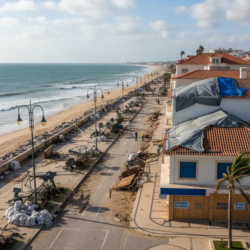 Damaged Praia da Vieira beachfront showing storm destruction with boarded businesses and unrepaired infrastructure