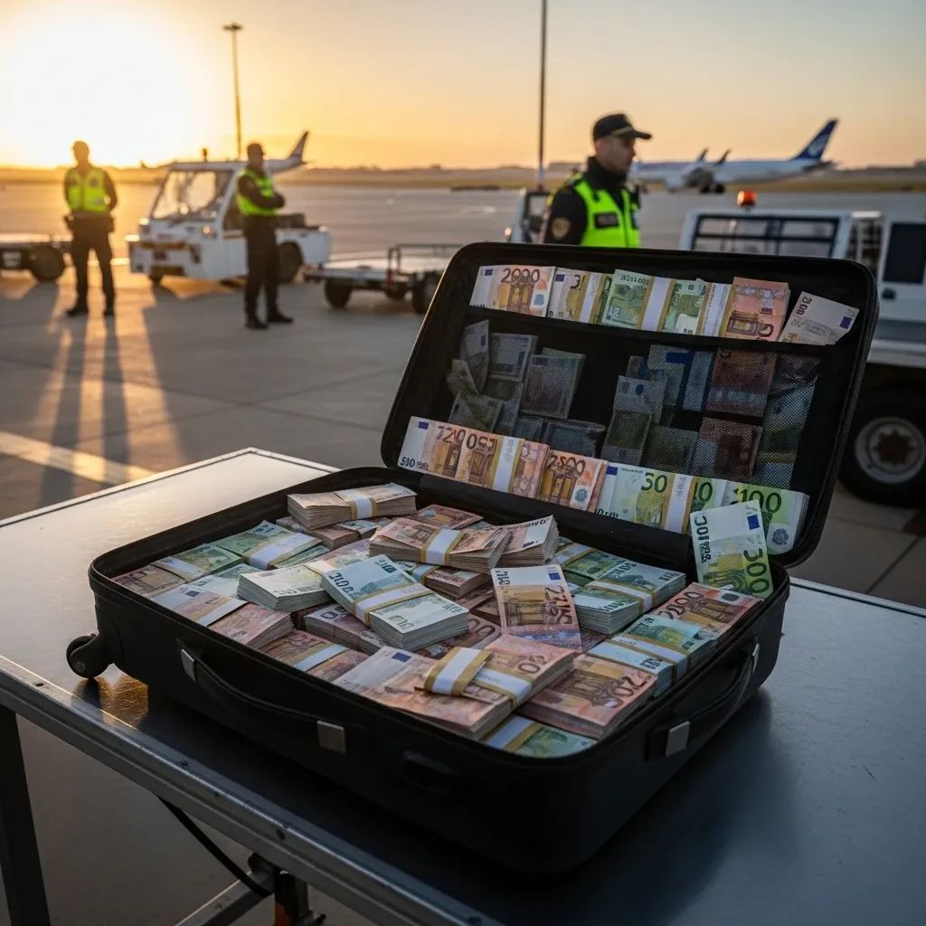Open suitcase with stacks of euro banknotes on an inspection table at Lisbon airport