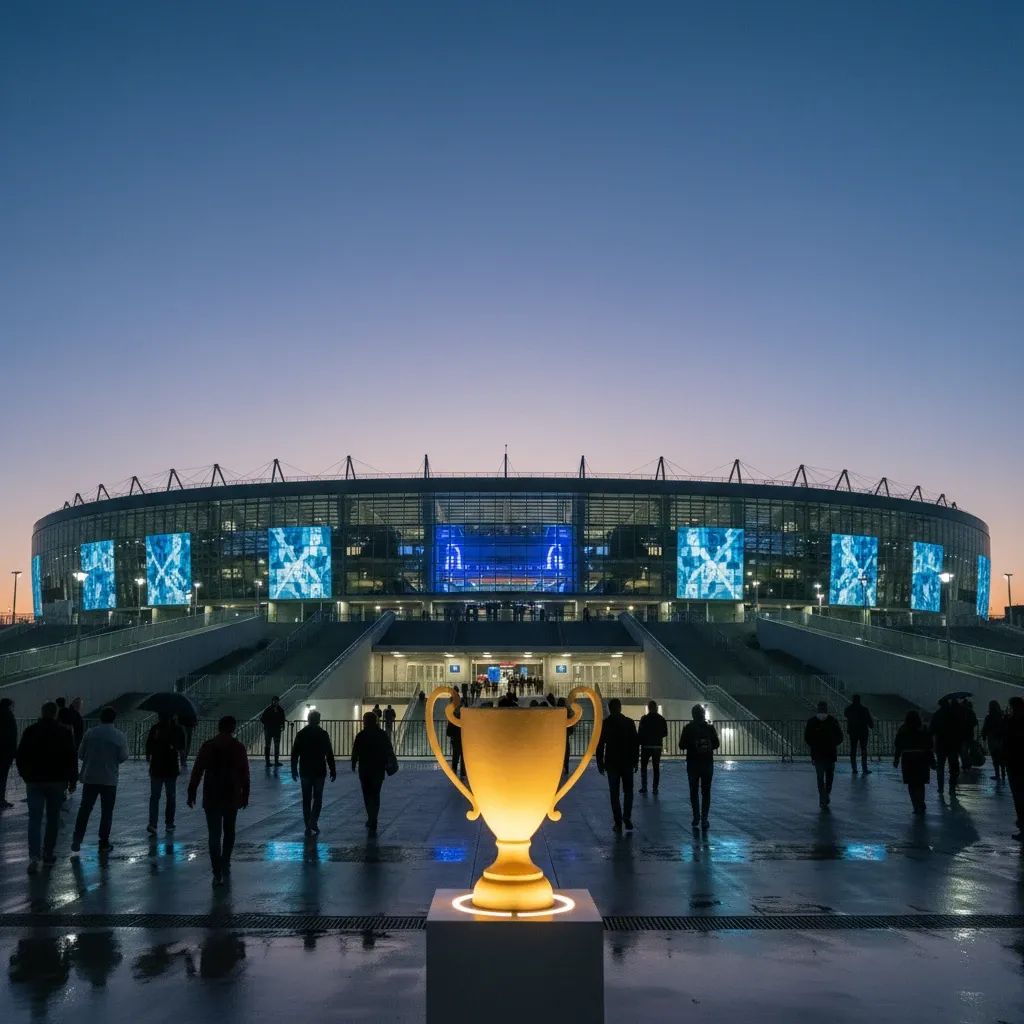 Evening wide shot of Porto’s Estádio do Dragão with a lit football trophy on a podium in front