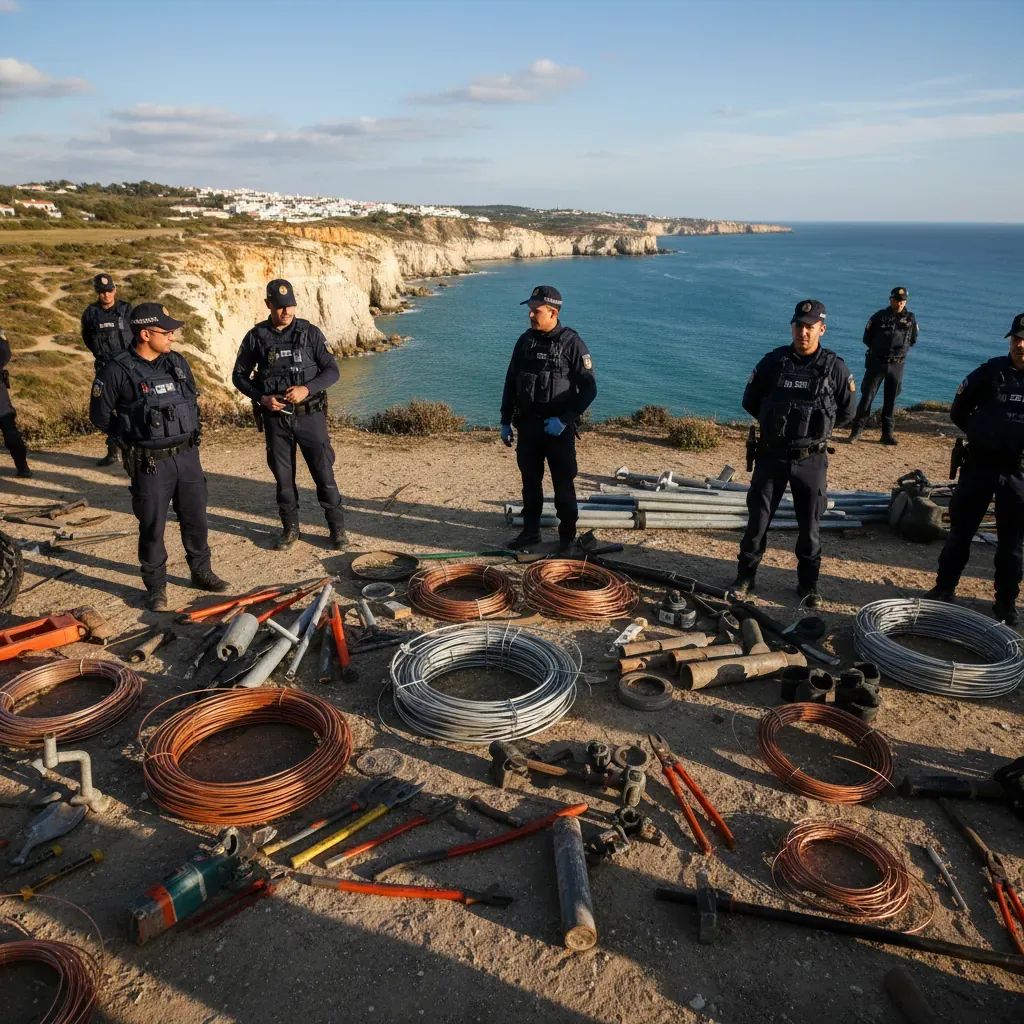 GNR law enforcement officers at the scene of Sines copper theft investigation with seized metal materials