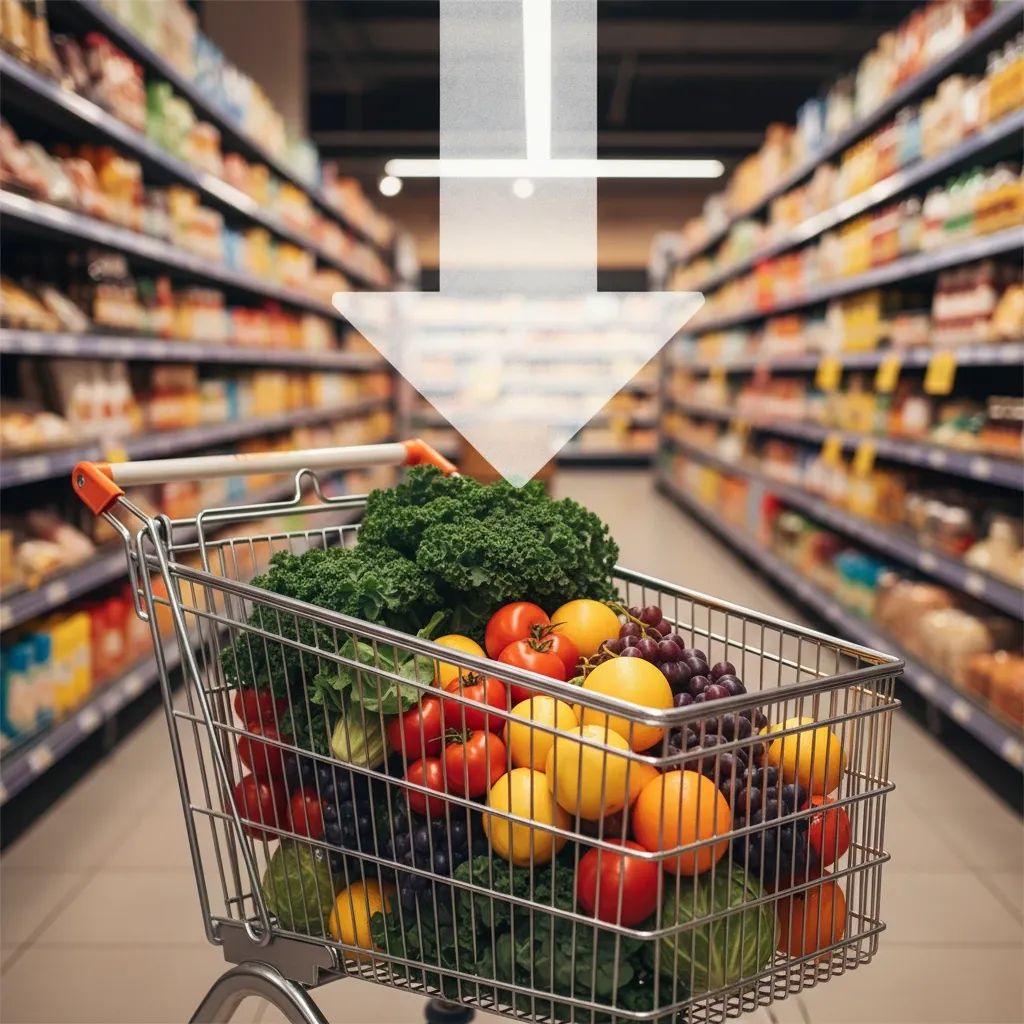 Shopping cart in supermarket aisle with a downward arrow symbolizing falling prices