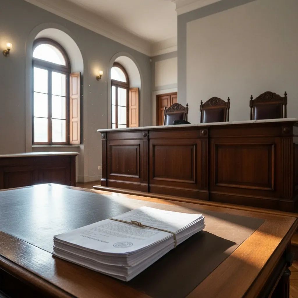 Portuguese courtroom with judge's bench and official documents, representing journalism victory in defamation case