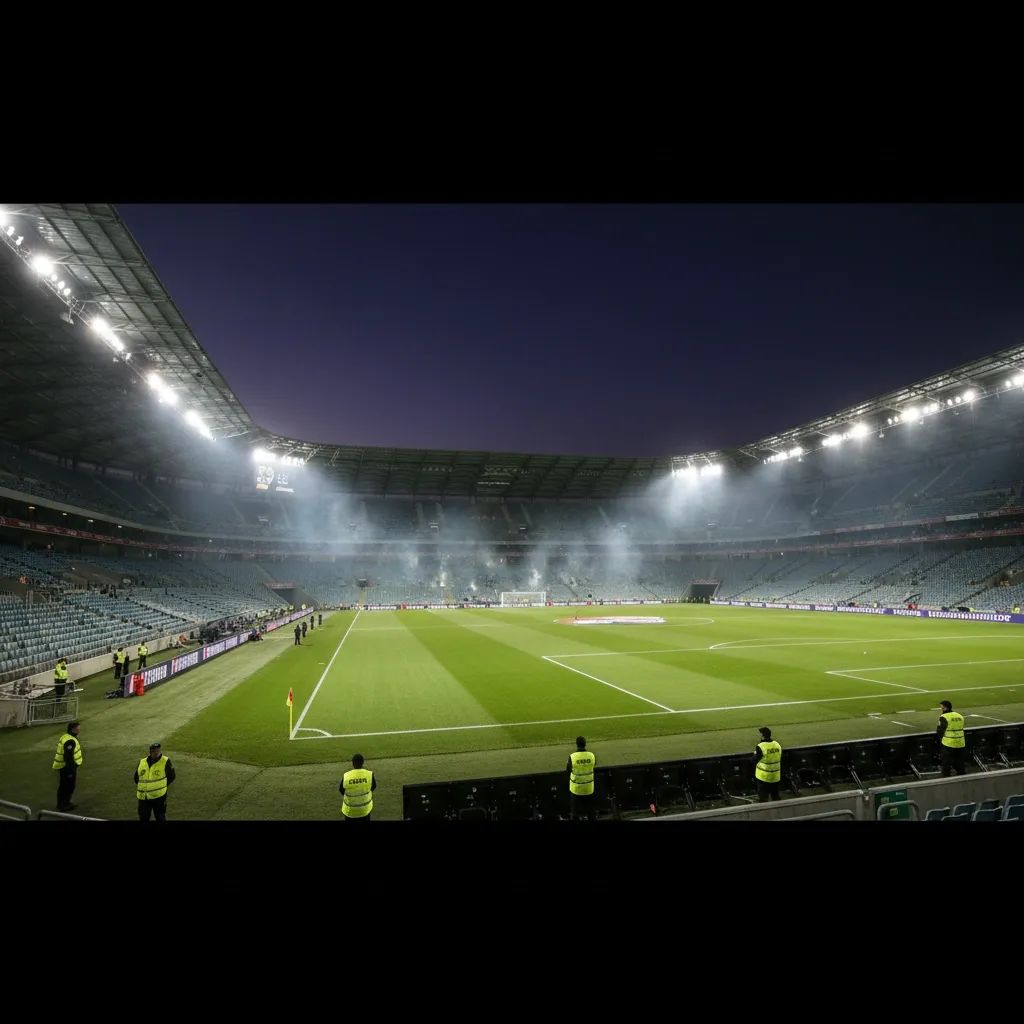 Evening wide shot of Portuguese football stadium with light flare smoke and hi-vis stewards overseeing fans