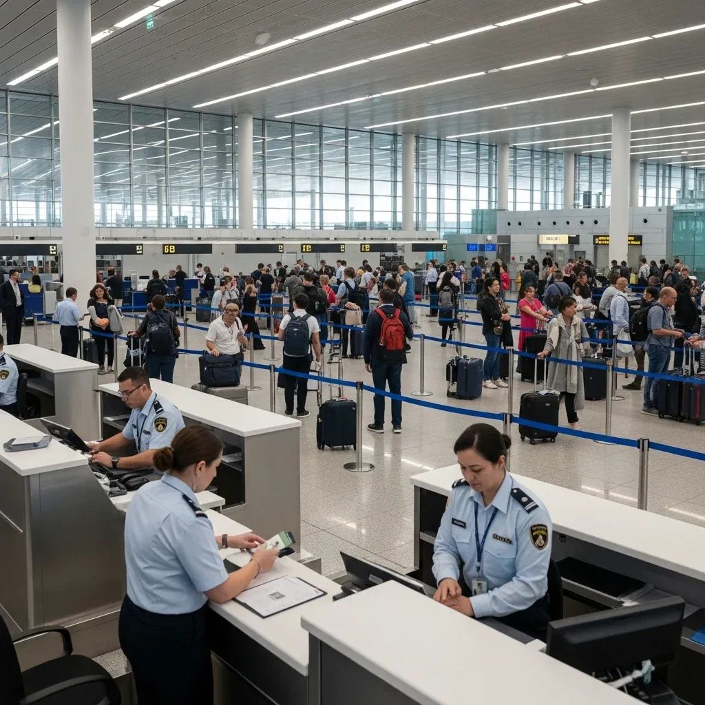 Travelers queuing at passport control desks in a busy Lisbon airport immigration hall