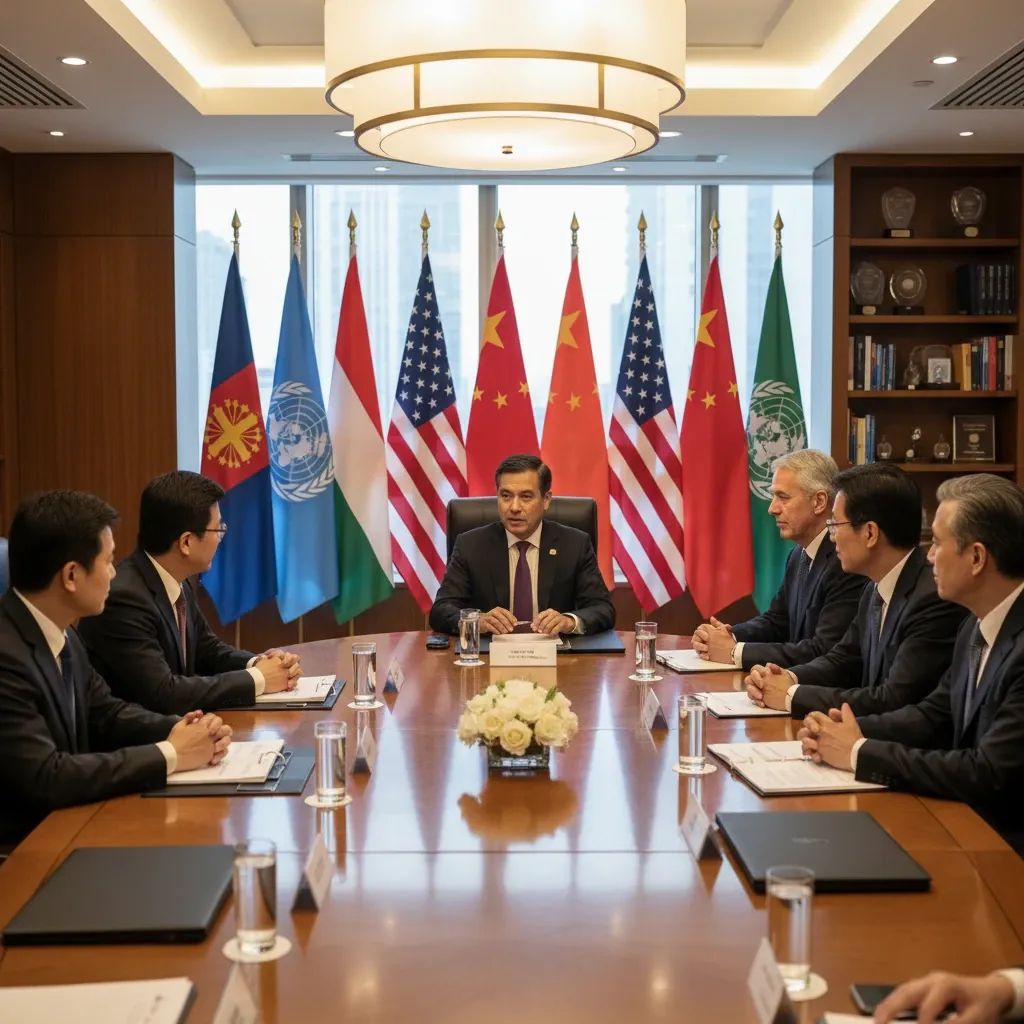 Diplomatic government officials meeting in formal setting during peace negotiations