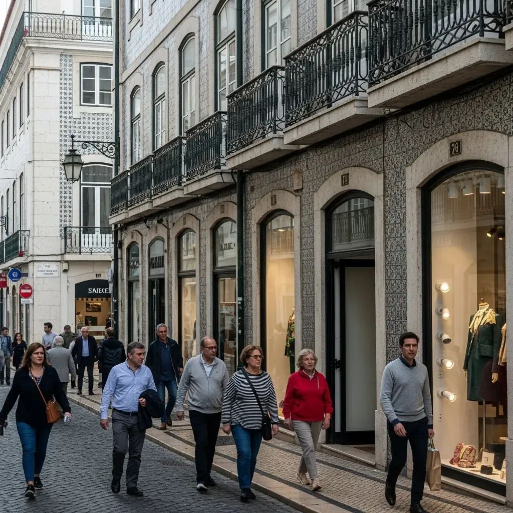 Historic Chiado shopping street in Lisbon with boutique façades and pedestrians walking