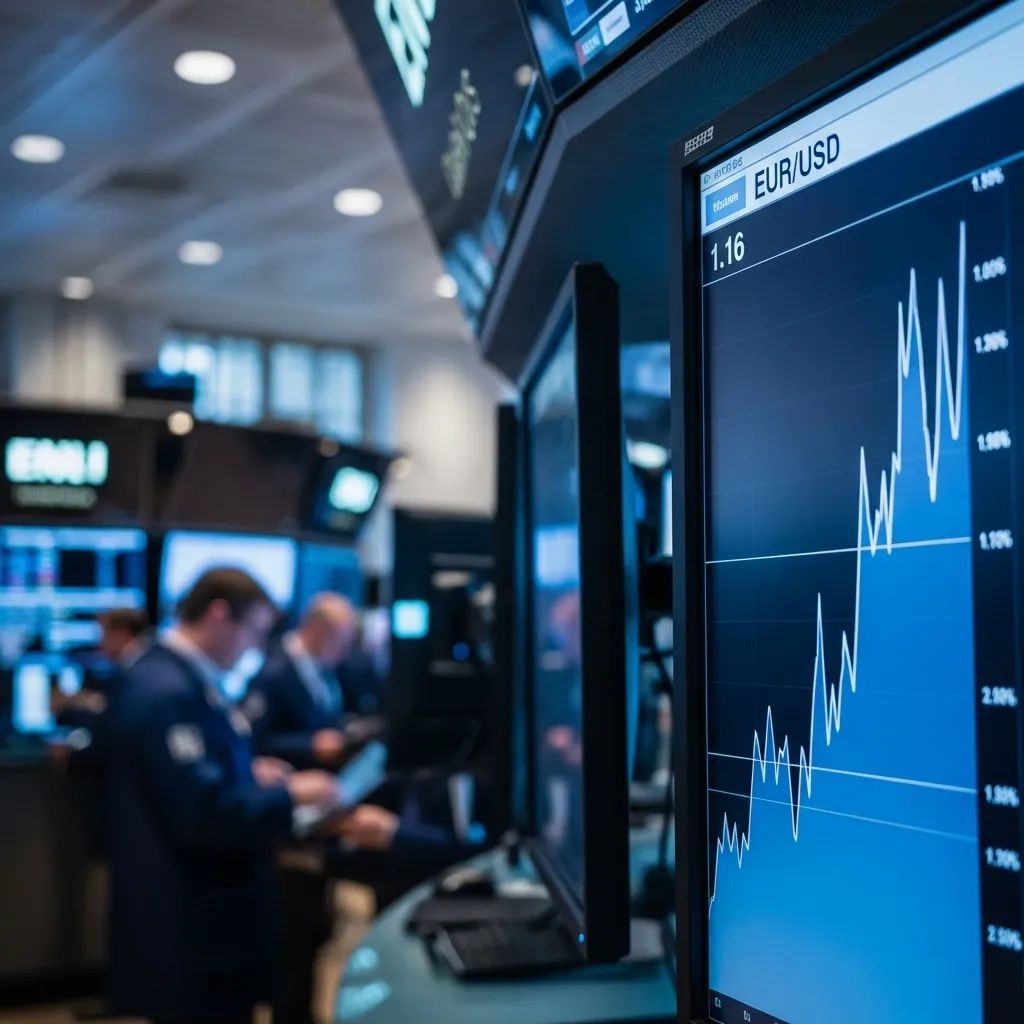 Trading floor screens showing EUR/USD rate climbing above 1.16