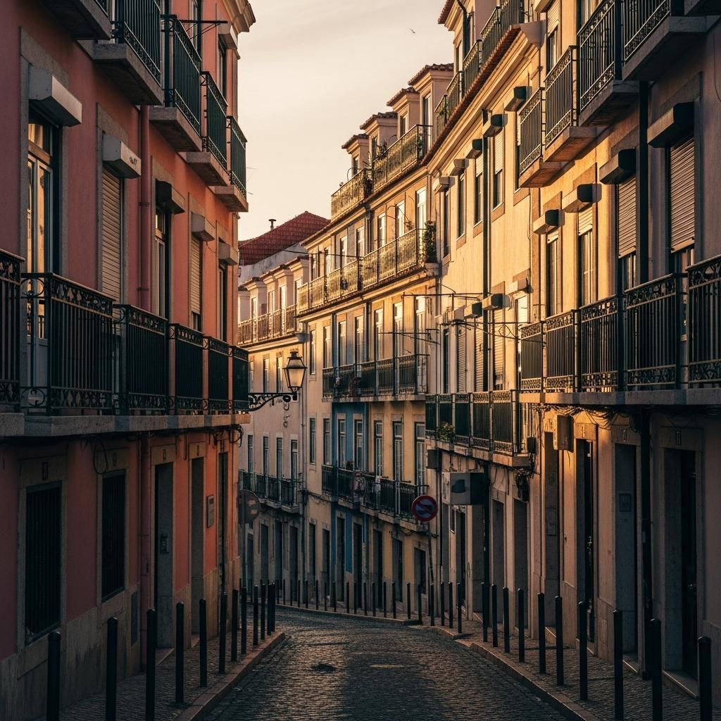Historic Lisbon street with pastel apartments and wrought-iron balconies under morning light