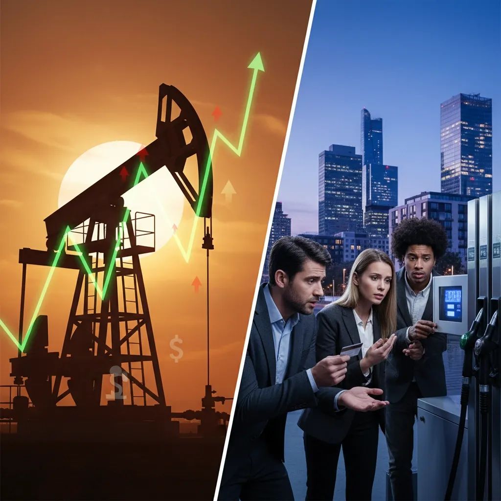 Comparison image showing oil derrick and rising price chart alongside European city with people at fuel pump