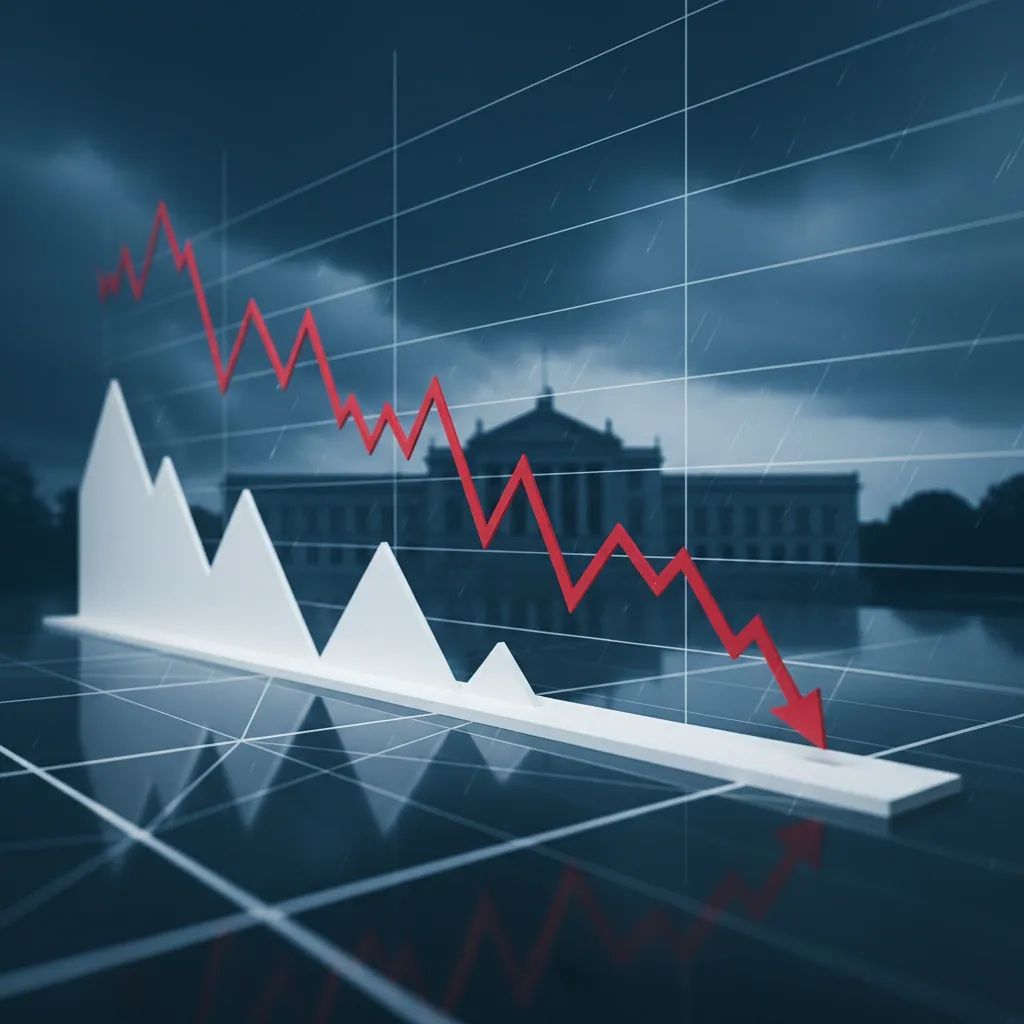 Financial chart showing downward trend with Portuguese flag colors and stormy sky backdrop symbolizing budget pressure