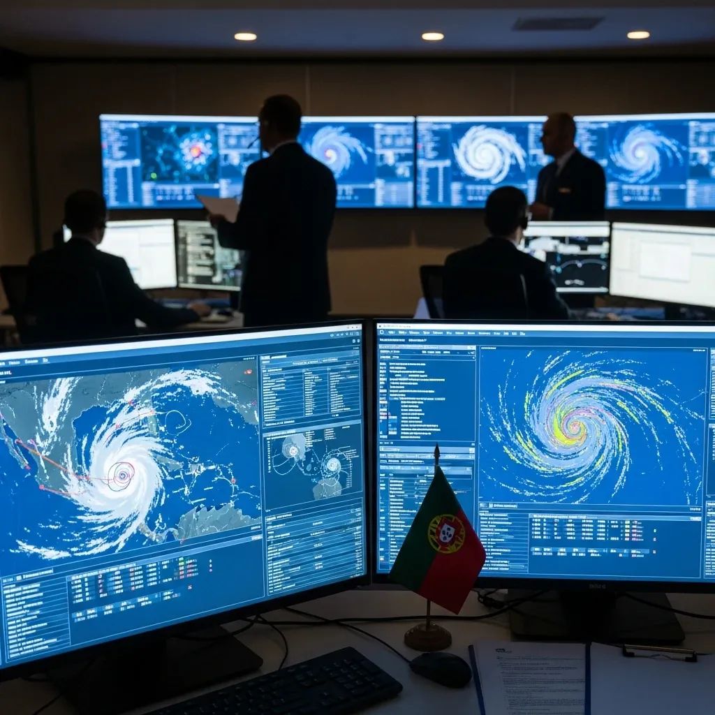 Civil Protection emergency operations room with officials monitoring storm tracking maps