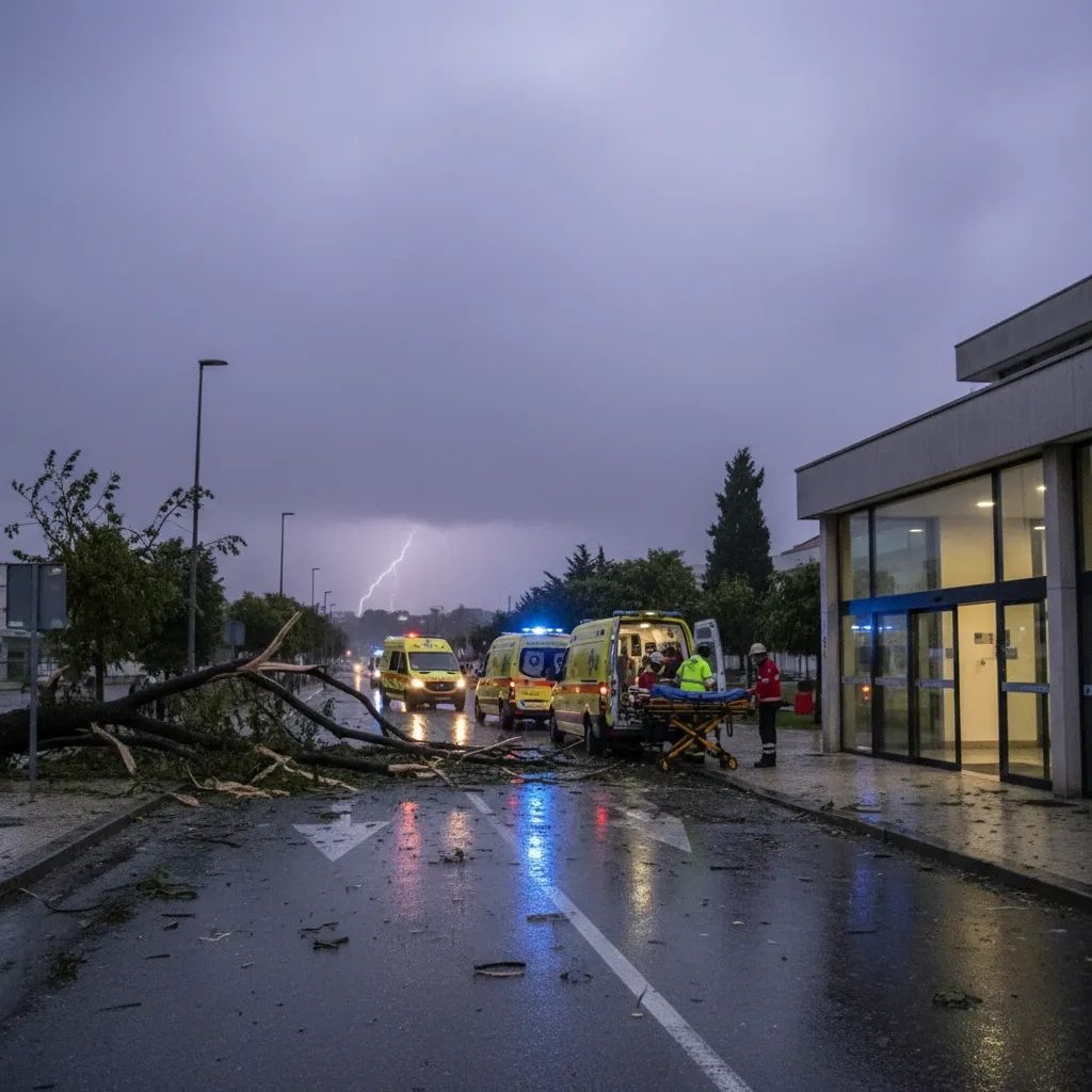 Storm-damaged street with ambulances outside Leiria hospital entrance