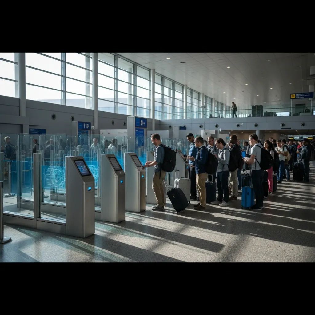 Airport terminal with travelers queuing at biometric border control gates