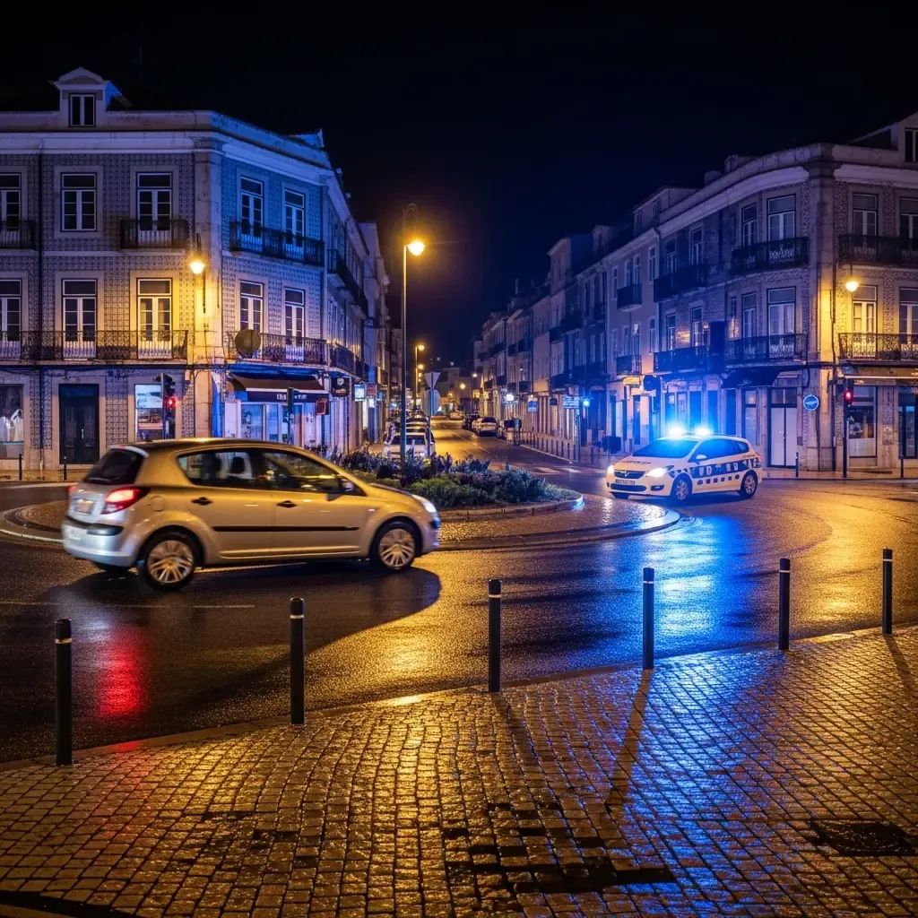 Police car with flashing lights beside a silver hatchback on a wet cobblestone roundabout in Funchal at night