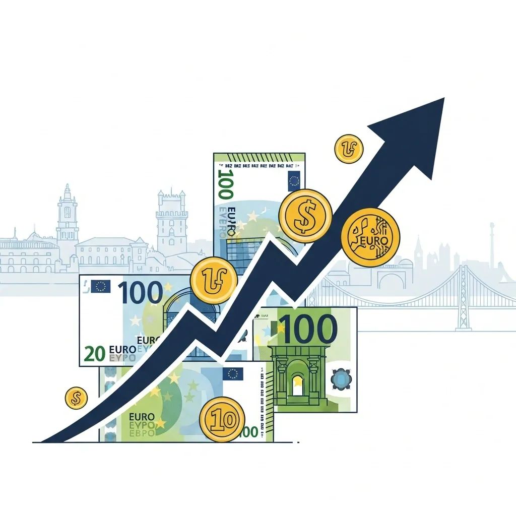 Infographic of euro banknotes and coins with an upward arrow and city skyline representing salary increase
