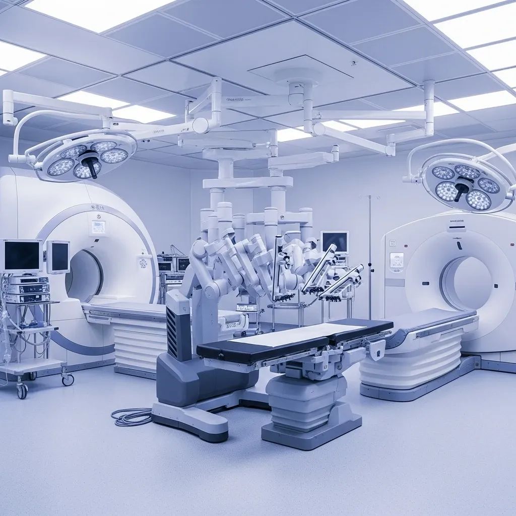 High-tech hospital operating room with robotic surgery system and imaging equipment