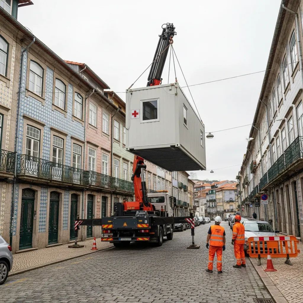 Modular health clinic lifted by crane on Porto street amid residential blocks, showing facility relocation