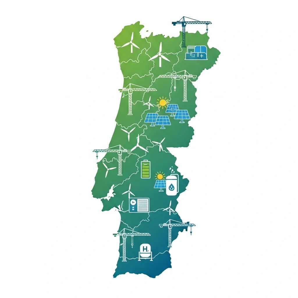 Infographic map of Portugal with icons of construction cranes and renewable energy storage