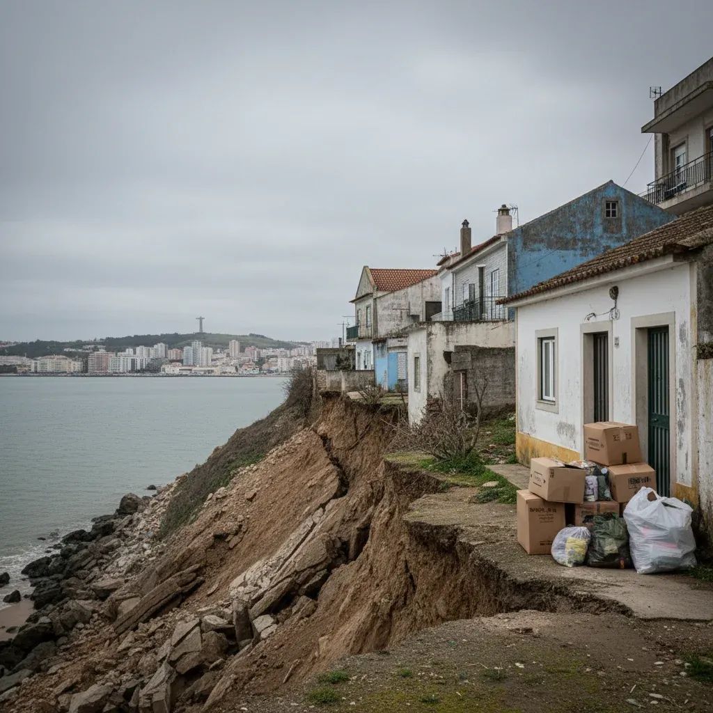 Residential homes on unstable hillside slope in Almada's Porto Brandão district facing demolition due to structural risk