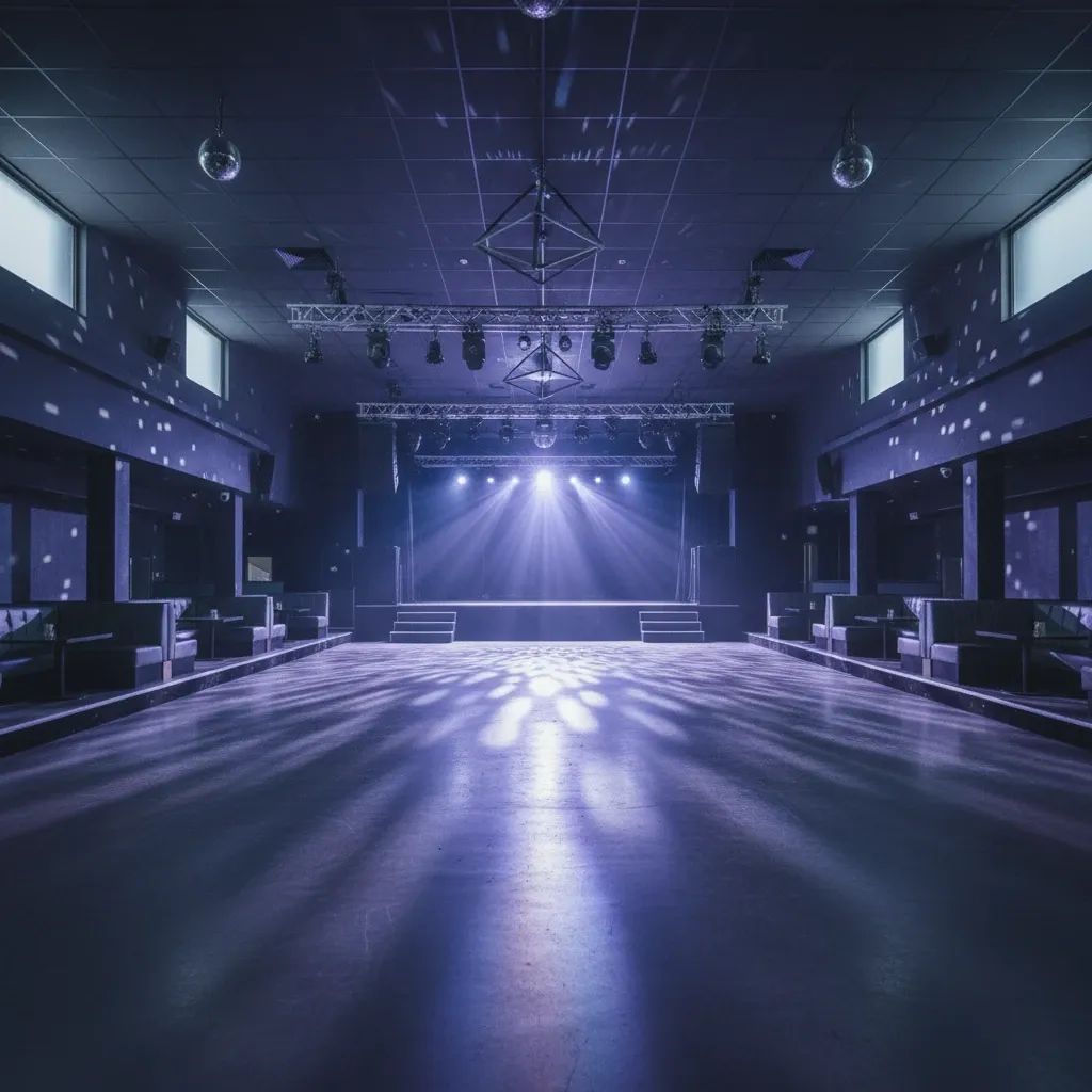 Empty nightclub venue with stage lighting, representing safety concerns in electronic music venues