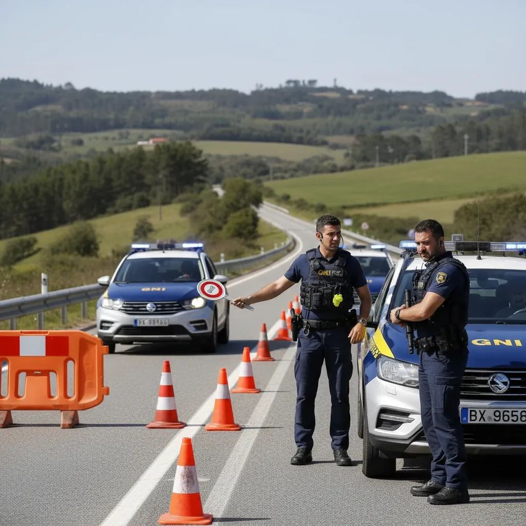 Portuguese law enforcement checkpoint on rural highway during drug trafficking investigation operation