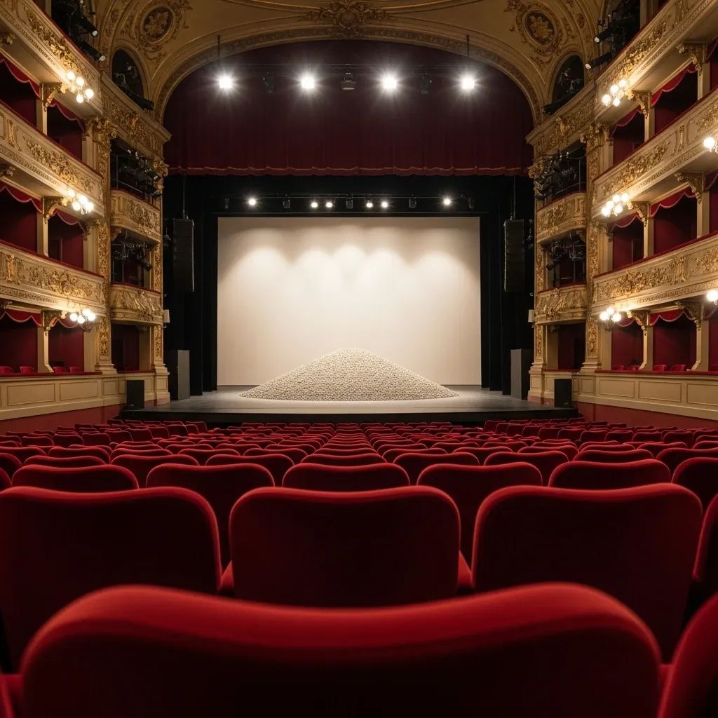 Empty Portuguese theatre stage with red velvet seats and a minimalist gravel mound set under warm spotlights